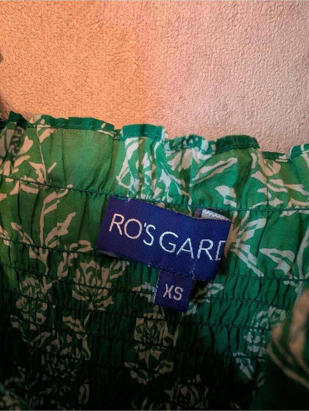 RO'S GARDEN green white shirred ruffle tiered mini dress sz XS - Picture 3 of 6